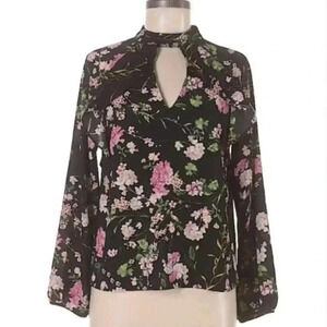 Monteau Floral Long Sleeve Cutout Neck Blouse